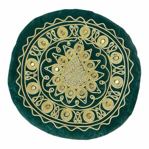 Handmade Round Persian Pillow Cover Gold Mirrored Faux Pearls Green Velvet READ